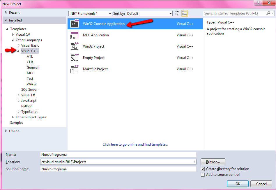 Visual Studio pantalla de creación de proyecto
