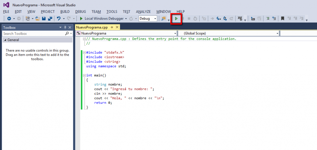Visual Studio ejecución del programa