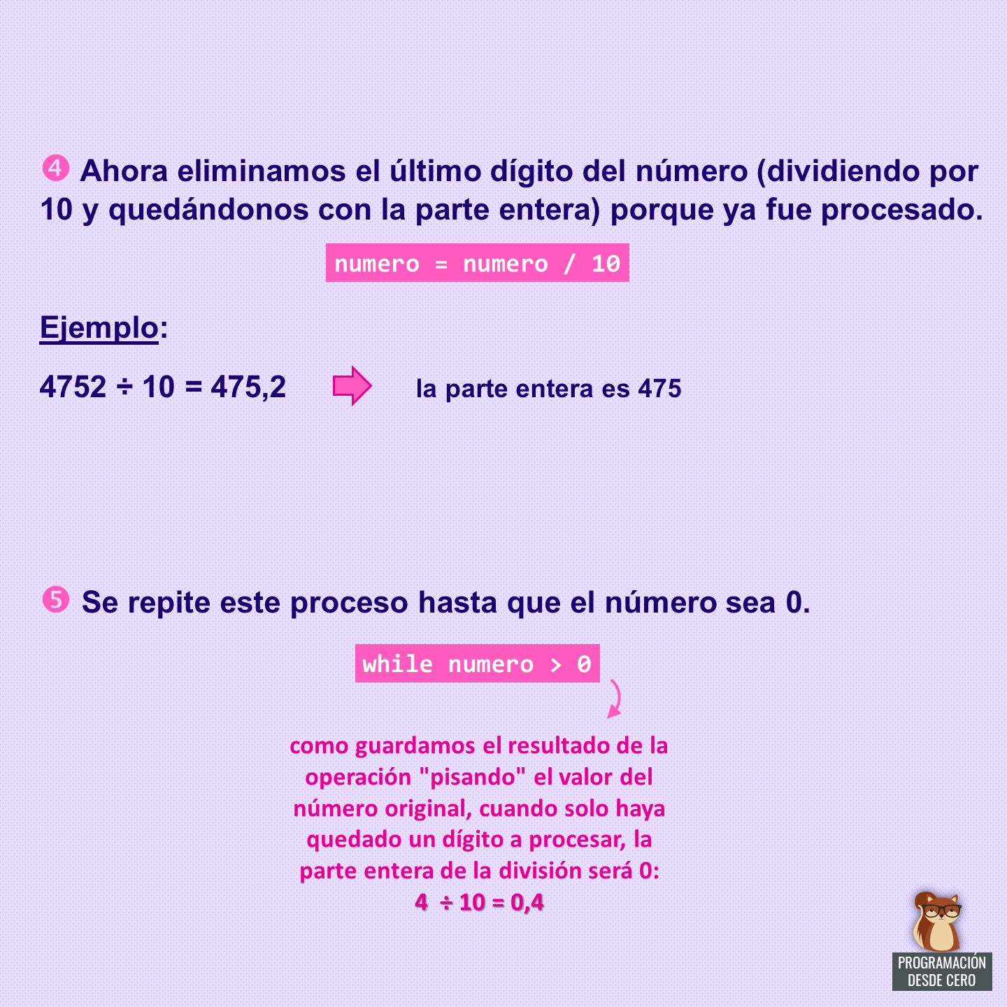 Algoritmo para invertir un numero entero, pasos 4 y 5